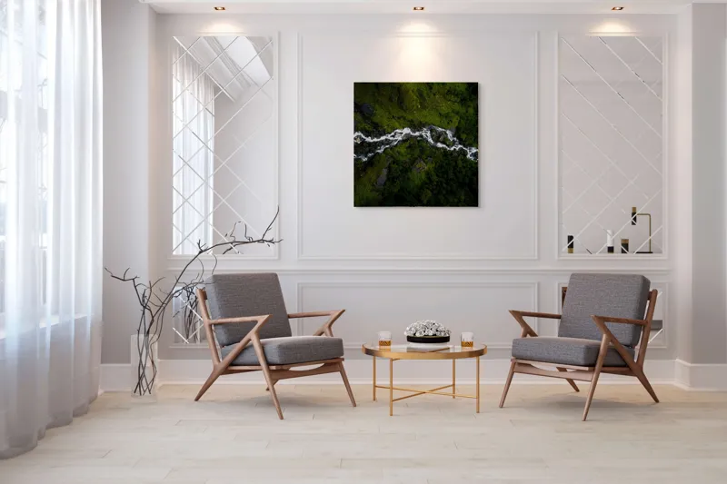 Tablou Canvas, "Râul serpuind printre munți verzi", Curgere, Pădure, Verdeață, Pietre, Râu, Natură, Peisaj, Vedere, Aeriană, Frumusețe, 100 x 100 cm – poza 7