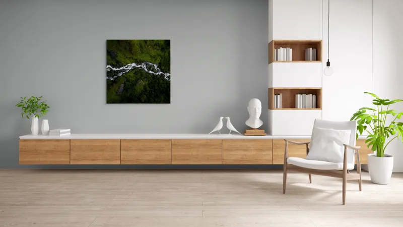 Tablou Canvas, "Râul serpuind printre munți verzi", Curgere, Pădure, Verdeață, Pietre, Râu, Natură, Peisaj, Vedere, Aeriană, Frumusețe, 100 x 100 cm – poza 8