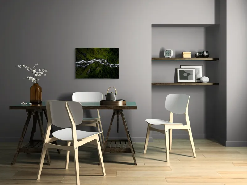 Tablou Canvas, "Râul serpuind printre munți verzi", Curgere, Pădure, Verdeață, Pietre, Râu, Natură, Peisaj, Vedere, Aeriană, Frumusețe, 70 x 50 cm – poza 5