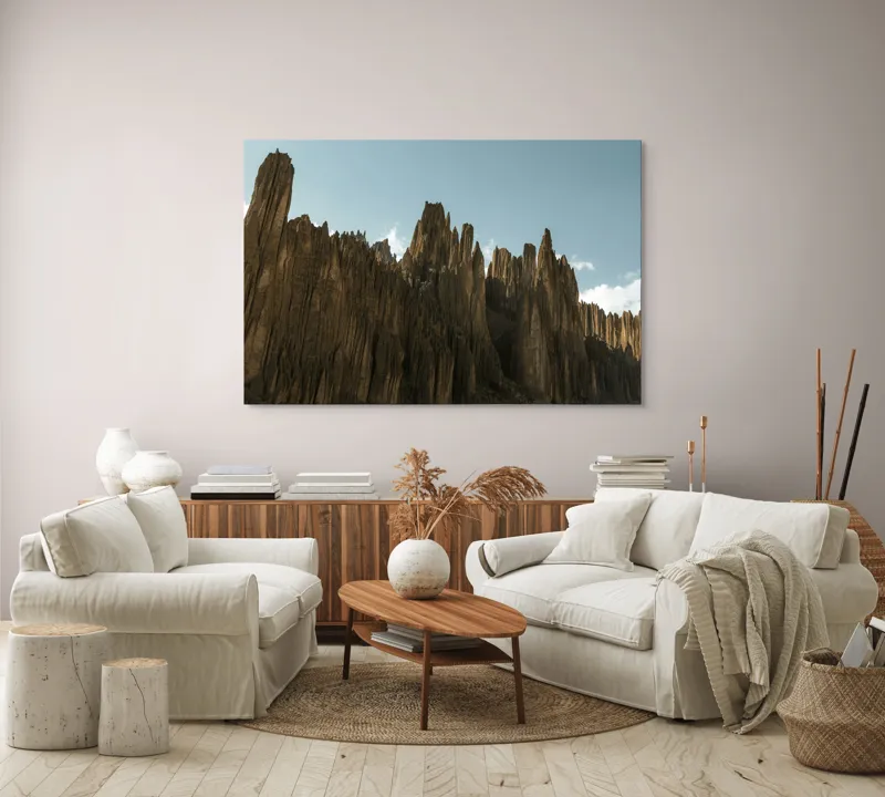 Tablou Canvas, "Piscurile stâncoase sub cer albastru", Scut, Creste, Ascuțite, Spectaculoase, Impunătoare, Naturale, Magnifice, Stâncoase, Majestuoase, Tăcute, 150 x 100 cm – poza 3