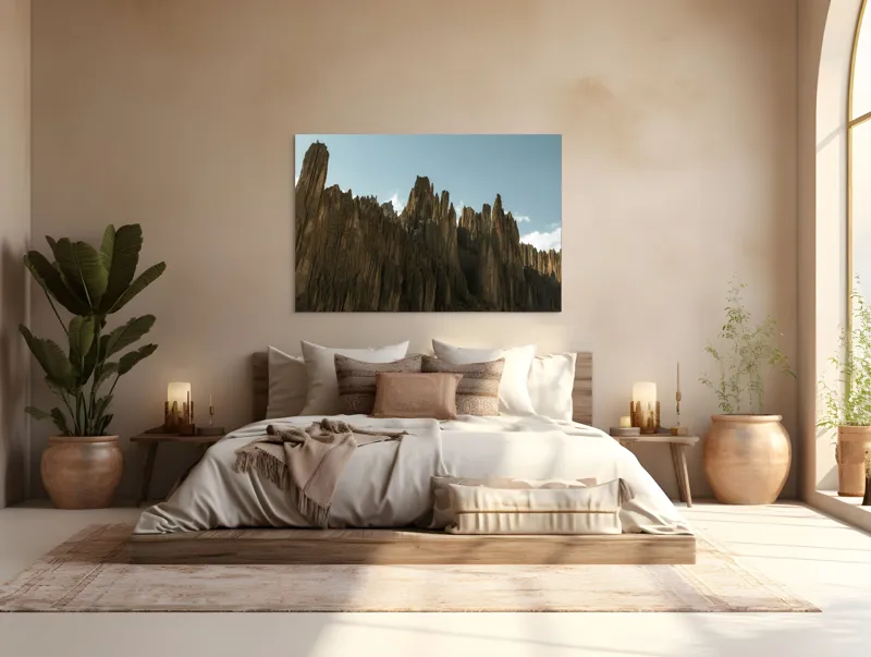 Tablou Canvas, "Piscurile stâncoase sub cer albastru", Scut, Creste, Ascuțite, Spectaculoase, Impunătoare, Naturale, Magnifice, Stâncoase, Majestuoase, Tăcute, 150 x 100 cm – poza 4