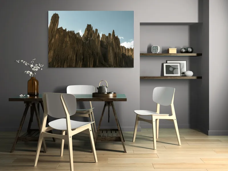 Tablou Canvas, "Piscurile stâncoase sub cer albastru", Scut, Creste, Ascuțite, Spectaculoase, Impunătoare, Naturale, Magnifice, Stâncoase, Majestuoase, Tăcute, 150 x 100 cm – poza 5
