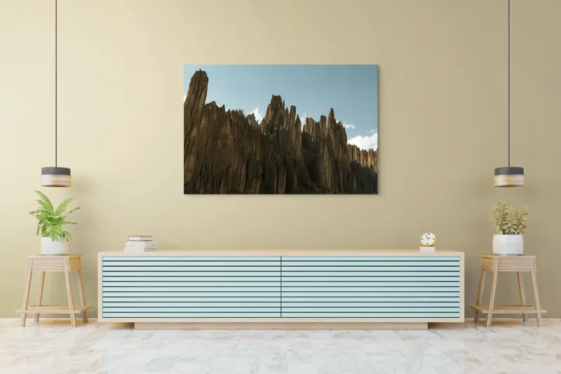 Tablou Canvas, "Piscurile stâncoase sub cer albastru", Scut, Creste, Ascuțite, Spectaculoase, Impunătoare, Naturale, Magnifice, Stâncoase, Majestuoase, Tăcute, 150 x 100 cm – poza 6