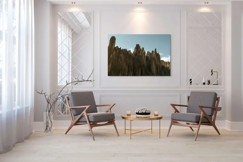 Tablou Canvas, "Piscurile stâncoase sub cer albastru", Scut, Creste, Ascuțite, Spectaculoase, Impunătoare, Naturale, Magnifice, Stâncoase, Majestuoase, Tăcute, 150 x 100 cm – poza 7