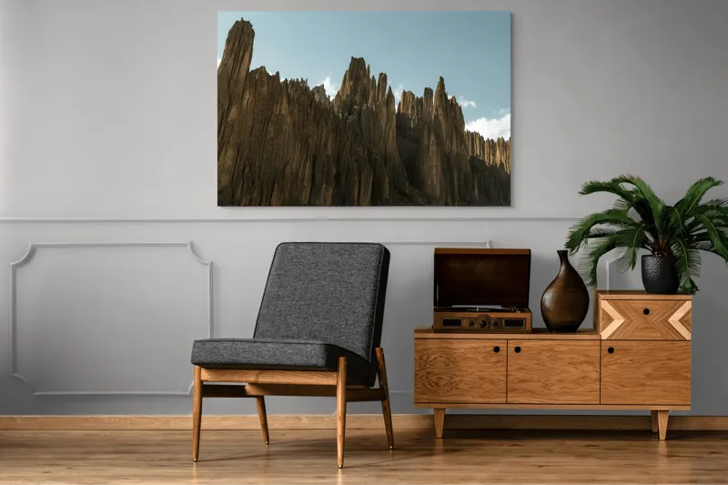 Tablou Canvas, "Piscurile stâncoase sub cer albastru", Scut, Creste, Ascuțite, Spectaculoase, Impunătoare, Naturale, Magnifice, Stâncoase, Majestuoase, Tăcute, 150 x 100 cm – poza 8