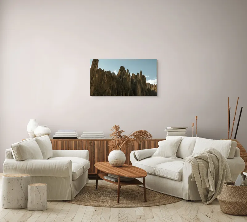 Tablou Canvas, "Piscurile stâncoase sub cer albastru", Scut, Creste, Ascuțite, Spectaculoase, Impunătoare, Naturale, Magnifice, Stâncoase, Majestuoase, Tăcute, 90 x 50 cm – poza 4