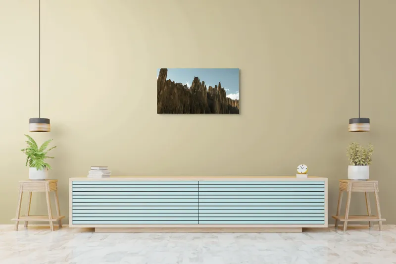 Tablou Canvas, "Piscurile stâncoase sub cer albastru", Scut, Creste, Ascuțite, Spectaculoase, Impunătoare, Naturale, Magnifice, Stâncoase, Majestuoase, Tăcute, 90 x 50 cm – poza 5