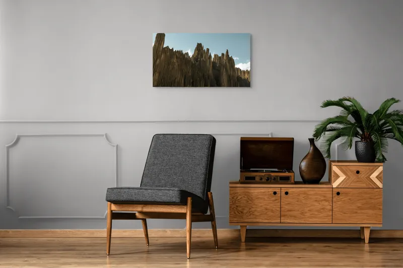 Tablou Canvas, "Piscurile stâncoase sub cer albastru", Scut, Creste, Ascuțite, Spectaculoase, Impunătoare, Naturale, Magnifice, Stâncoase, Majestuoase, Tăcute, 90 x 50 cm – poza 6