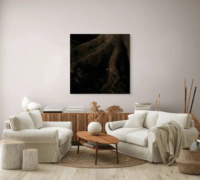 Tablou Canvas, "Umbrele rădăcinilor sub lumina lunii", Trunchi, Rădăcini, Textură, Întuneric, Natură, Arbori, Detalii, Umbră, Lumește, Mister., 100 x 100 cm – poza 3