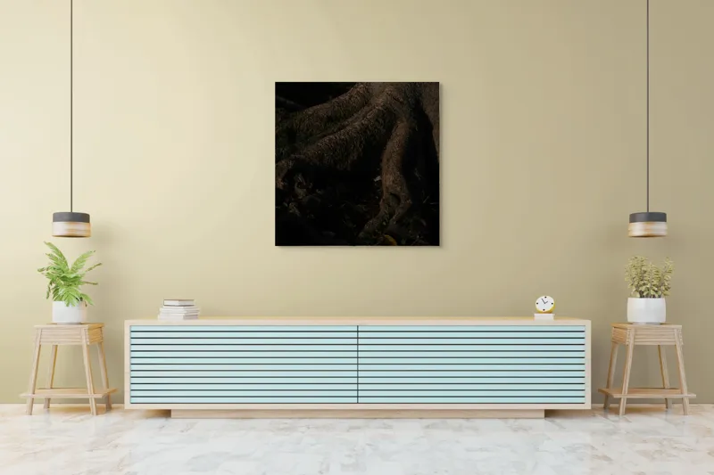 Tablou Canvas, "Umbrele rădăcinilor sub lumina lunii", Trunchi, Rădăcini, Textură, Întuneric, Natură, Arbori, Detalii, Umbră, Lumește, Mister., 100 x 100 cm – poza 5
