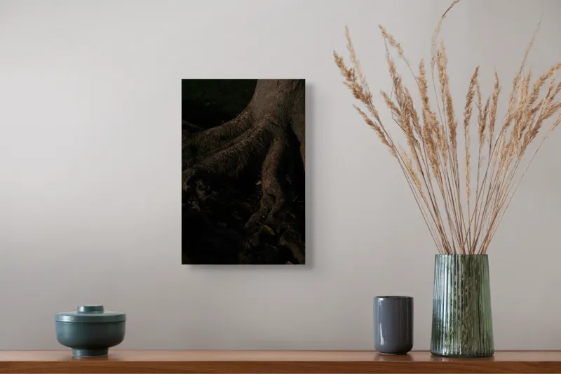 Tablou Canvas, "Umbrele rădăcinilor sub lumina lunii", Trunchi, Rădăcini, Textură, Întuneric, Natură, Arbori, Detalii, Umbră, Lumește, Mister., 26 x 39 cm – poza 5