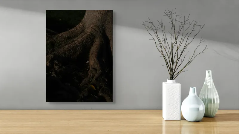Tablou Canvas, "Umbrele rădăcinilor sub lumina lunii", Trunchi, Rădăcini, Textură, Întuneric, Natură, Arbori, Detalii, Umbră, Lumește, Mister., 39 x 54 cm – poza 4