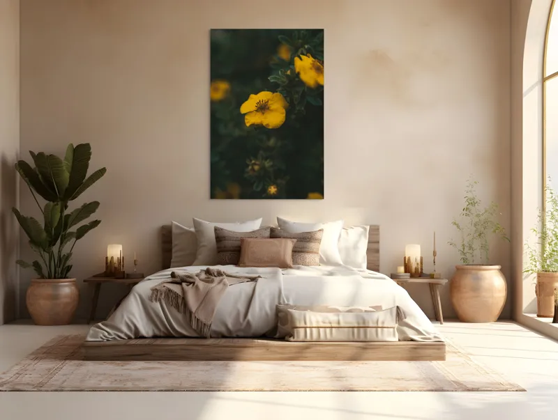 Tablou Canvas, "Floare galbenă în lumina înserării", Floare, Galbenă, Înflorită, Natură, Frunziș, Contrast, Delicat, Înviorător, 100 x 150 cm – poza 3