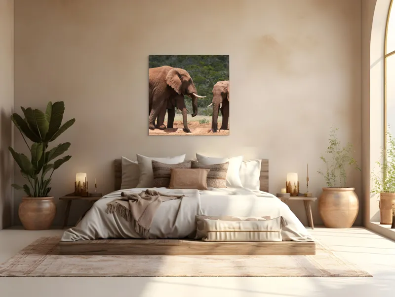 Tablou Canvas, "Elefanți la adăpătoare în savană", Elefanți, Pământ, Natură, Grijă, Comunitate, Savană, Armonie., 100 x 100 cm – poza 4