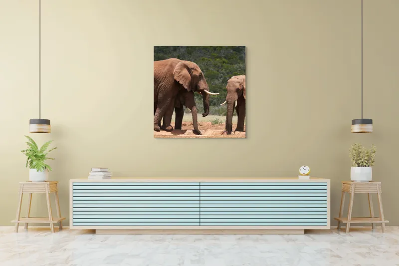 Tablou Canvas, "Elefanți la adăpătoare în savană", Elefanți, Pământ, Natură, Grijă, Comunitate, Savană, Armonie., 100 x 100 cm – poza 5