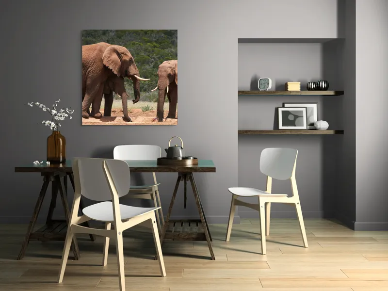 Tablou Canvas, "Elefanți la adăpătoare în savană", Elefanți, Pământ, Natură, Grijă, Comunitate, Savană, Armonie., 100 x 100 cm – poza 6