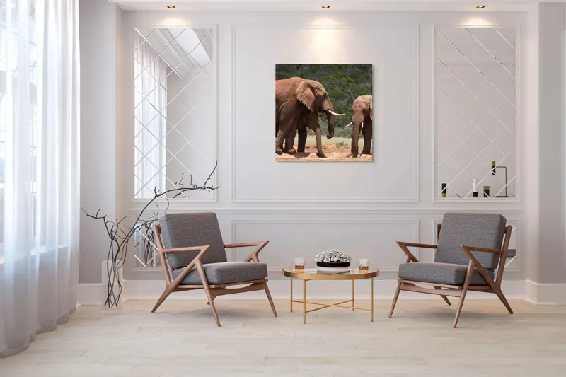 Tablou Canvas, "Elefanți la adăpătoare în savană", Elefanți, Pământ, Natură, Grijă, Comunitate, Savană, Armonie., 100 x 100 cm – poza 7