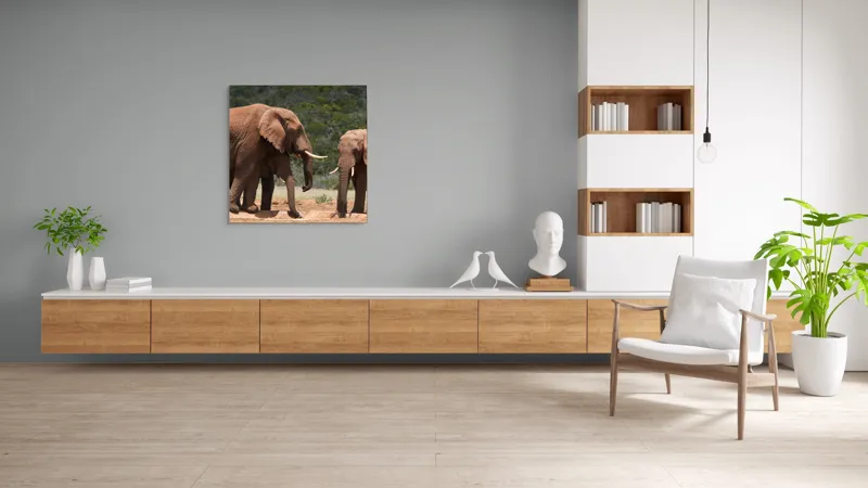 Tablou Canvas, "Elefanți la adăpătoare în savană", Elefanți, Pământ, Natură, Grijă, Comunitate, Savană, Armonie., 100 x 100 cm – poza 8