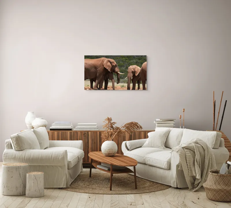 Tablou Canvas, "Elefanți la adăpătoare în savană", Elefanți, Pământ, Natură, Grijă, Comunitate, Savană, Armonie., 90 x 50 cm – poza 4