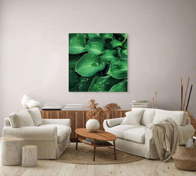Tablou Canvas, "Frunzele prospăt spălate de ploaie", Frunze, Verde, Picături, Prospețime, Natură, Frumusețe, Vitalitate, 100 x 100 cm – poza 3