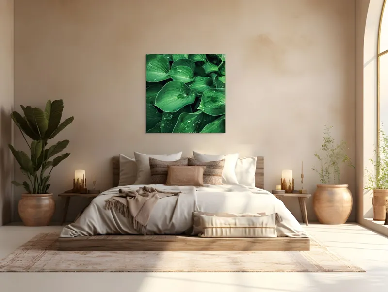 Tablou Canvas, "Frunzele prospăt spălate de ploaie", Frunze, Verde, Picături, Prospețime, Natură, Frumusețe, Vitalitate, 100 x 100 cm – poza 4