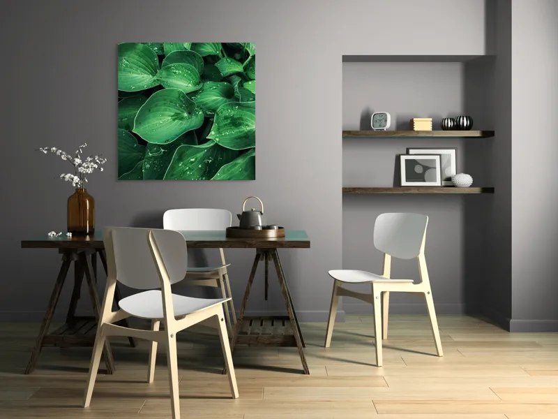 Tablou Canvas, "Frunzele prospăt spălate de ploaie", Frunze, Verde, Picături, Prospețime, Natură, Frumusețe, Vitalitate, 100 x 100 cm – poza 6