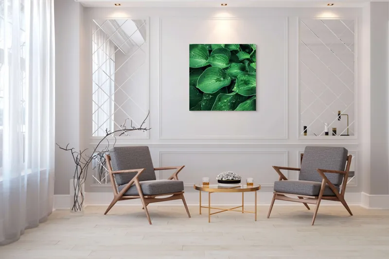Tablou Canvas, "Frunzele prospăt spălate de ploaie", Frunze, Verde, Picături, Prospețime, Natură, Frumusețe, Vitalitate, 100 x 100 cm – poza 7