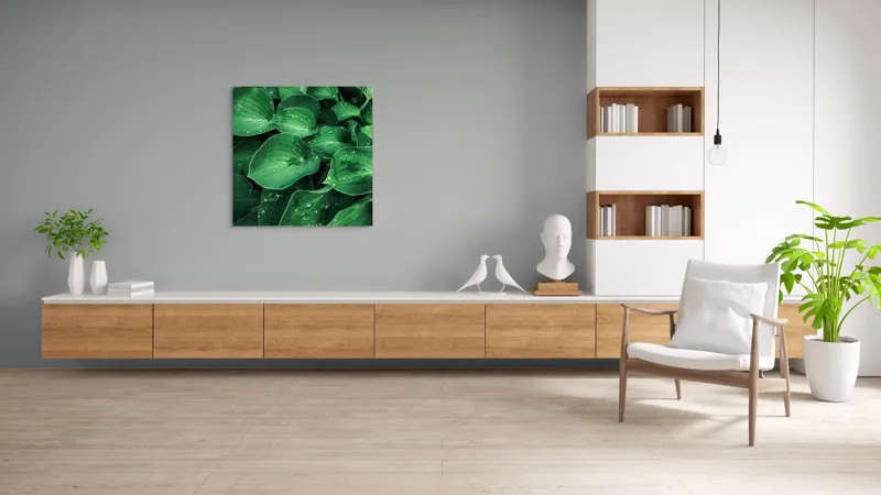 Tablou Canvas, "Frunzele prospăt spălate de ploaie", Frunze, Verde, Picături, Prospețime, Natură, Frumusețe, Vitalitate, 100 x 100 cm – poza 8
