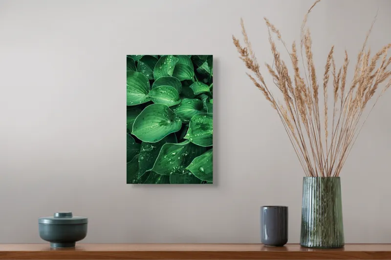 Tablou Canvas, "Frunzele prospăt spălate de ploaie", Frunze, Verde, Picături, Prospețime, Natură, Frumusețe, Vitalitate, 26 x 39 cm – poza 5