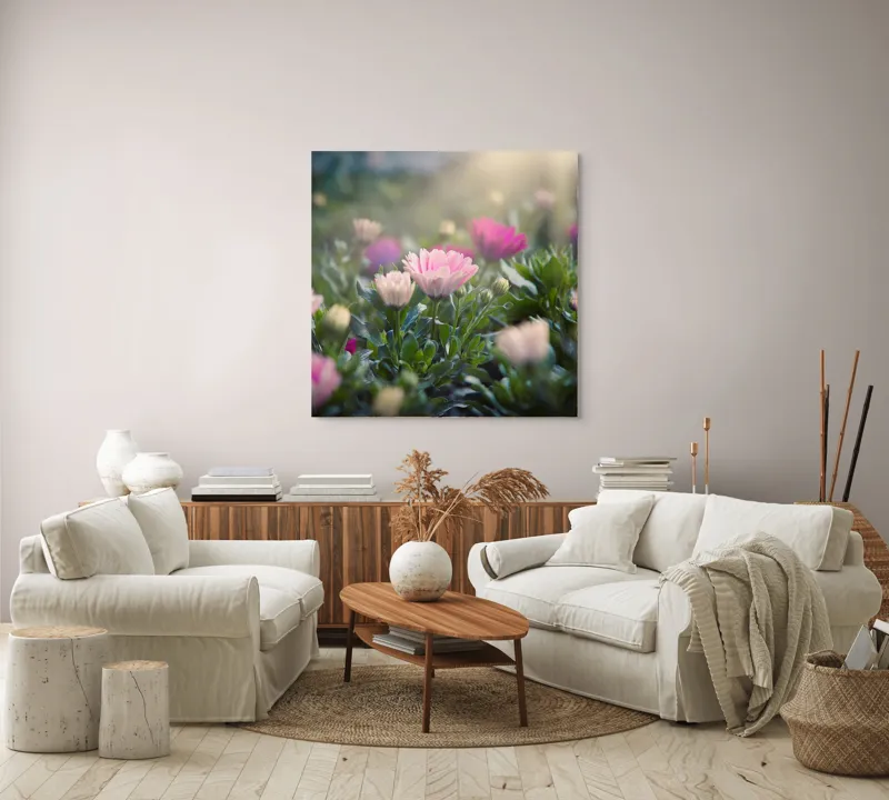 Tablou Canvas, "Lumina dimineții peste flori roz", Flori, Culoare, Lumina, Verdeață, Blândețe, Natură, Frumusețe, Seninătate, Delicatese, Primăvară, 100 x 100 cm – poza 3
