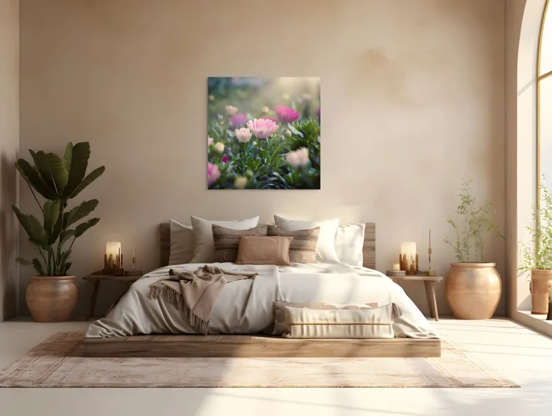 Tablou Canvas, "Lumina dimineții peste flori roz", Flori, Culoare, Lumina, Verdeață, Blândețe, Natură, Frumusețe, Seninătate, Delicatese, Primăvară, 100 x 100 cm – poza 4