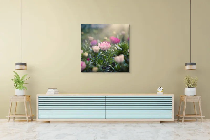 Tablou Canvas, "Lumina dimineții peste flori roz", Flori, Culoare, Lumina, Verdeață, Blândețe, Natură, Frumusețe, Seninătate, Delicatese, Primăvară, 100 x 100 cm – poza 5