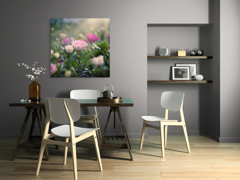 Tablou Canvas, "Lumina dimineții peste flori roz", Flori, Culoare, Lumina, Verdeață, Blândețe, Natură, Frumusețe, Seninătate, Delicatese, Primăvară, 100 x 100 cm – poza 6