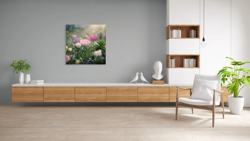 Tablou Canvas, "Lumina dimineții peste flori roz", Flori, Culoare, Lumina, Verdeață, Blândețe, Natură, Frumusețe, Seninătate, Delicatese, Primăvară, 100 x 100 cm – poza 8