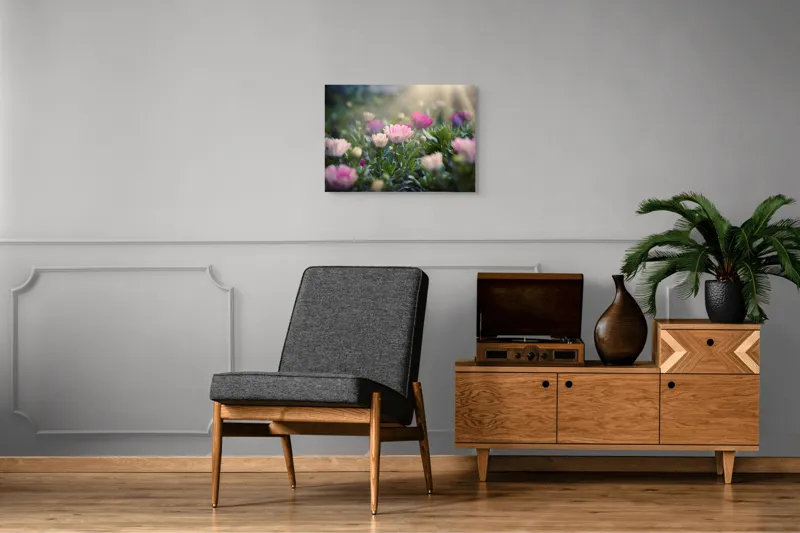 Tablou Canvas, "Lumina dimineții peste flori roz", Flori, Culoare, Lumina, Verdeață, Blândețe, Natură, Frumusețe, Seninătate, Delicatese, Primăvară, 70 x 50 cm – poza 4