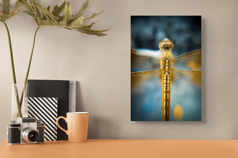 Tablou Canvas, "Libelula aurie în zbor static", Delicate, Simetrie, Aripi, Detaliu, Frumusețe, Natură, Insectă, Strălucire, Culoare, Precizie, 26 x 39 cm – poza 3