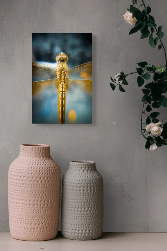 Tablou Canvas, "Libelula aurie în zbor static", Delicate, Simetrie, Aripi, Detaliu, Frumusețe, Natură, Insectă, Strălucire, Culoare, Precizie, 26 x 39 cm – poza 6