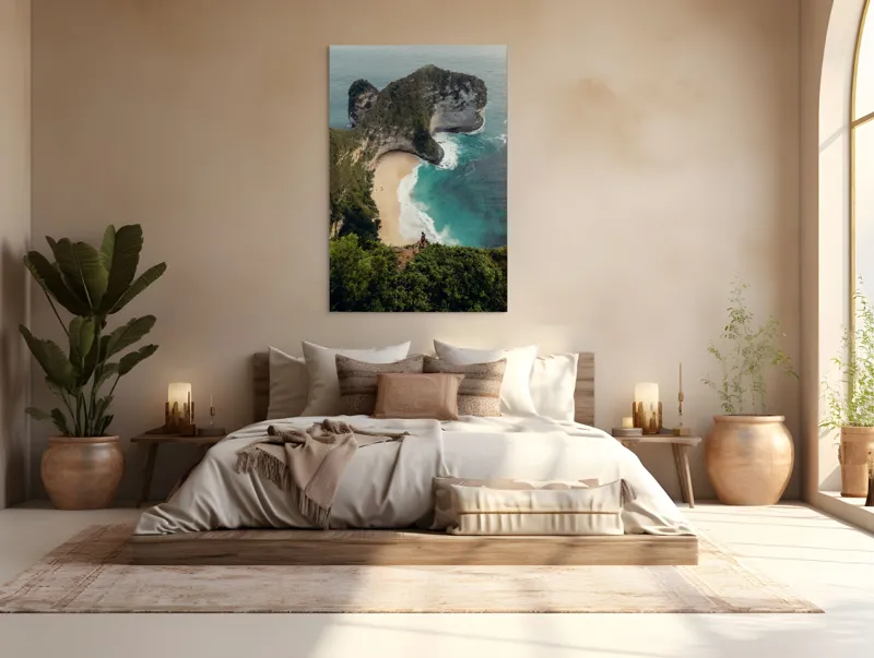 Tablou Canvas, "Priveliște spectaculoasă la mare de smarald", Ocean, Plajă, Stânci, Valuri, Vegetație, Cer, Peisaj, Persoană, Culoare., 100 x 150 cm – poza 3