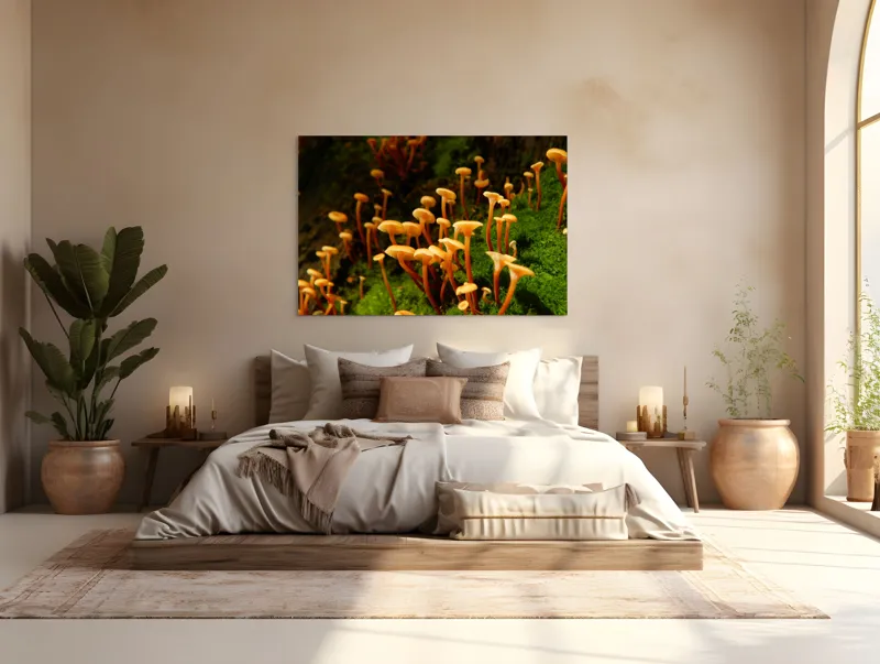 Tablou Canvas, "Ciuperci aurii în pădure verde", Fungi, Pădure, Mușchi, Natură, Ciuperci, Plante, Înverzire, Ecosistem, Habitat, 150 x 100 cm – poza 4