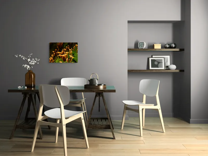 Tablou Canvas, "Ciuperci aurii în pădure verde", Fungi, Pădure, Mușchi, Natură, Ciuperci, Plante, Înverzire, Ecosistem, Habitat, 54 x 39 cm – poza 6