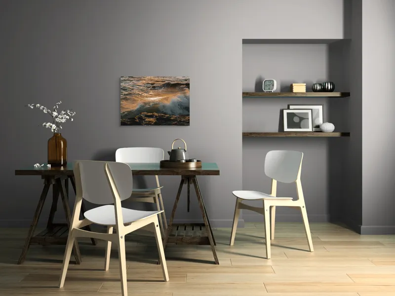 Tablou Canvas, "Valurile mării la apusul soarelui", Valuri, Apus, Spumă, Stânci, Ocean, Reflexii, Aurii, Tensiune, Natură, Dinamică, 70 x 50 cm – poza 5