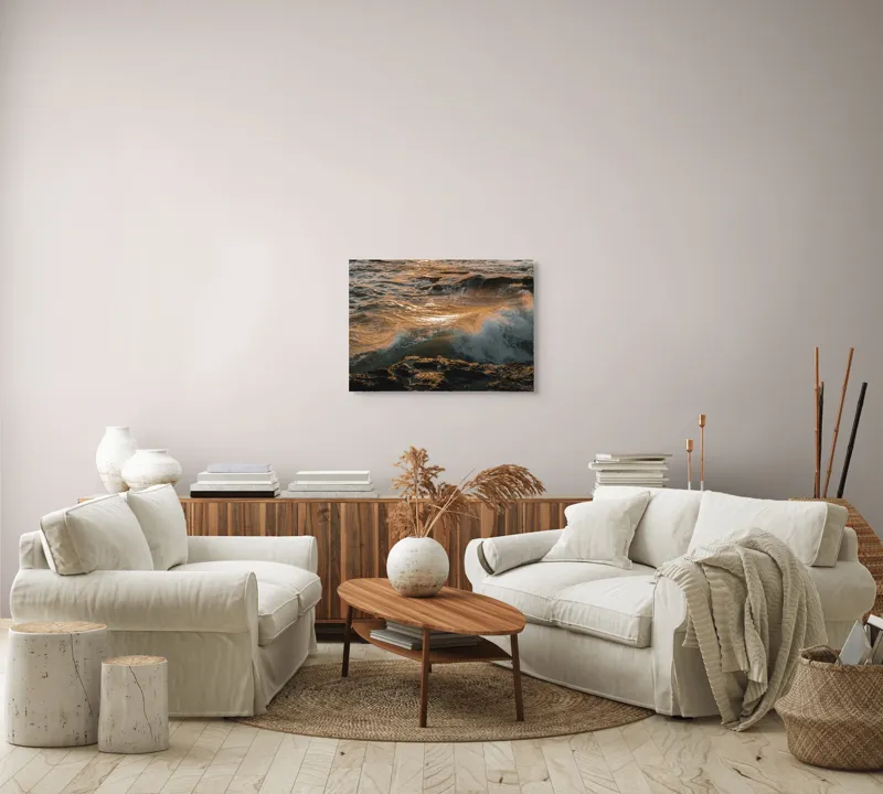 Tablou Canvas, "Valurile mării la apusul soarelui", Valuri, Apus, Spumă, Stânci, Ocean, Reflexii, Aurii, Tensiune, Natură, Dinamică, 70 x 50 cm – poza 6