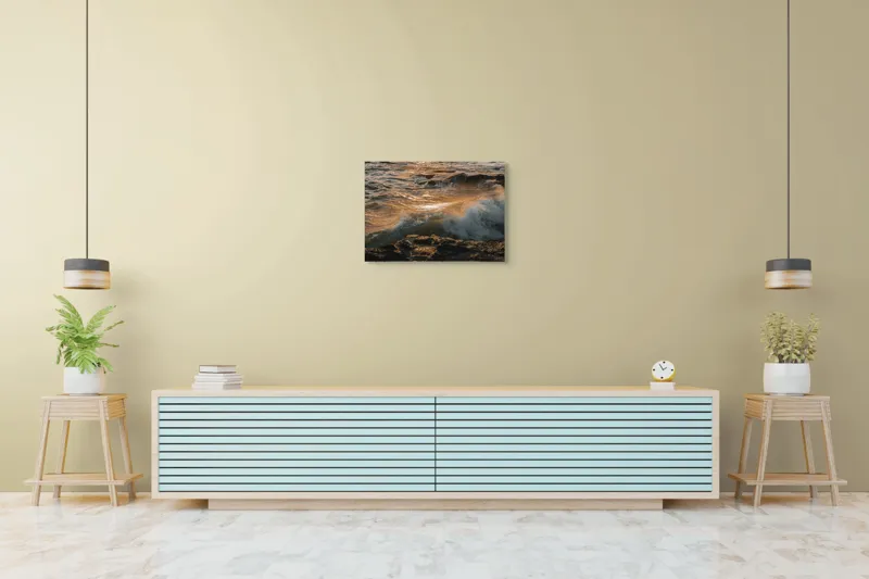 Tablou Canvas, "Valurile mării la apusul soarelui", Valuri, Apus, Spumă, Stânci, Ocean, Reflexii, Aurii, Tensiune, Natură, Dinamică, 70 x 50 cm – poza 7