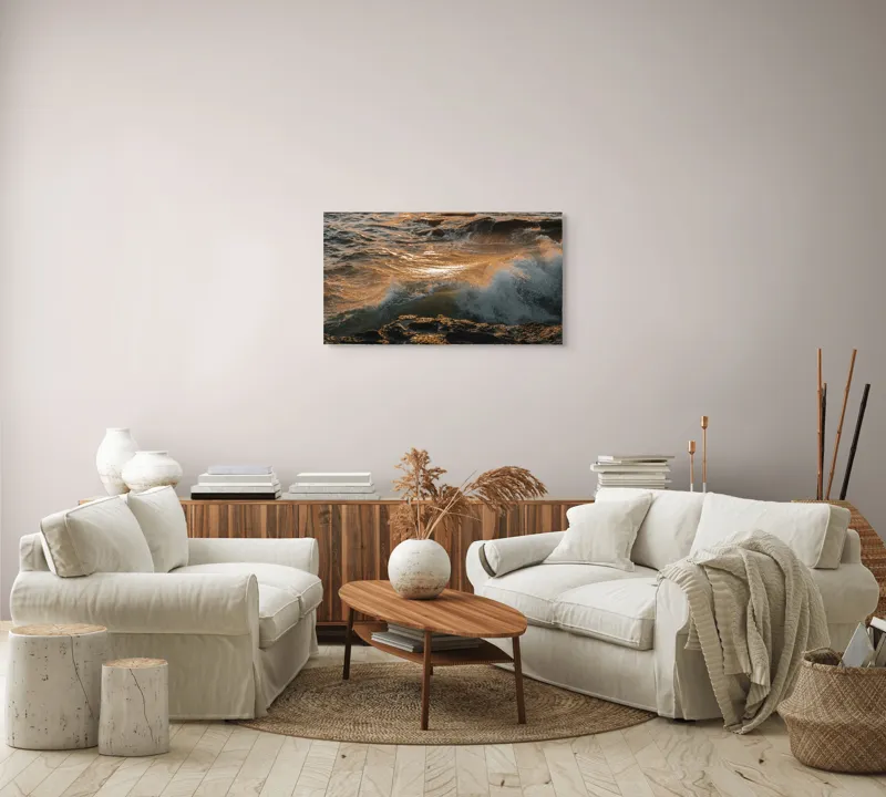 Tablou Canvas, "Valurile mării la apusul soarelui", Valuri, Apus, Spumă, Stânci, Ocean, Reflexii, Aurii, Tensiune, Natură, Dinamică, 90 x 50 cm – poza 4