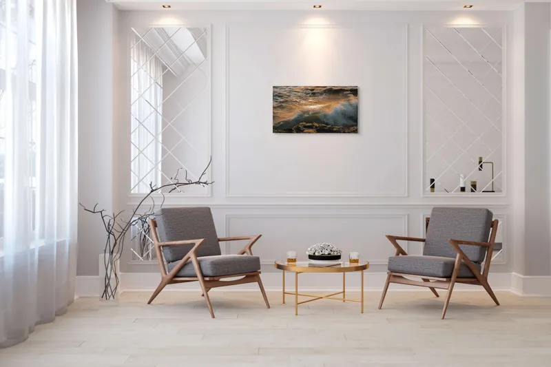 Tablou Canvas, "Valurile mării la apusul soarelui", Valuri, Apus, Spumă, Stânci, Ocean, Reflexii, Aurii, Tensiune, Natură, Dinamică, 90 x 50 cm – poza 7