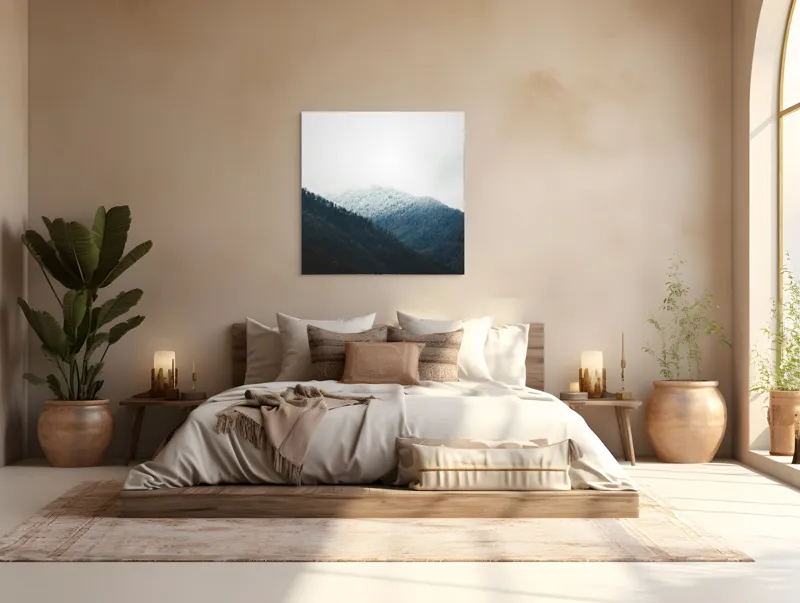Tablou Canvas, "Lumina albă peste munții verzi", Nori, Munți, Pădure, Zăpadă, Cer, Lumină, Natură, 100 x 100 cm – poza 4