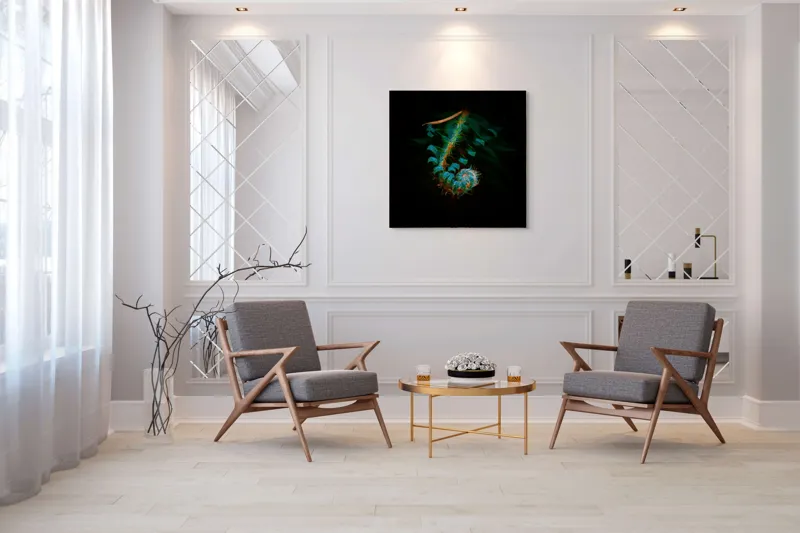 Tablou Canvas, "Îmbrățișarea secretă a frunzei verzi", Frunza, Spiralată, Verde, Misterioasă, Elegantă, Fragedă, Întunecată, Textură., 100 x 100 cm – poza 7