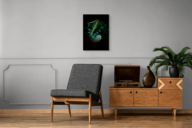 Tablou Canvas, "Îmbrățișarea secretă a frunzei verzi", Frunza, Spiralată, Verde, Misterioasă, Elegantă, Fragedă, Întunecată, Textură., 50 x 70 cm – poza 8