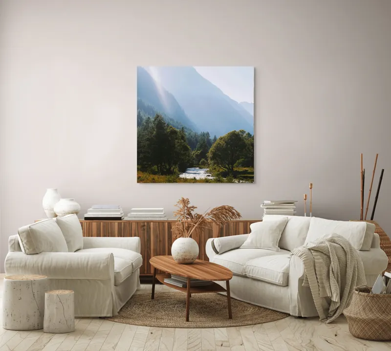 Tablou Canvas, "Râul strălucind printre munți majestoși", Munți, Râu, Copaci, Lumină, Cer, Natură, Pădure, Vârfuri, Verdeață, Peisaj, 100 x 100 cm – poza 3