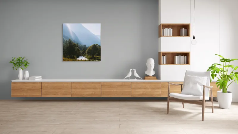 Tablou Canvas, "Râul strălucind printre munți majestoși", Munți, Râu, Copaci, Lumină, Cer, Natură, Pădure, Vârfuri, Verdeață, Peisaj, 100 x 100 cm – poza 8